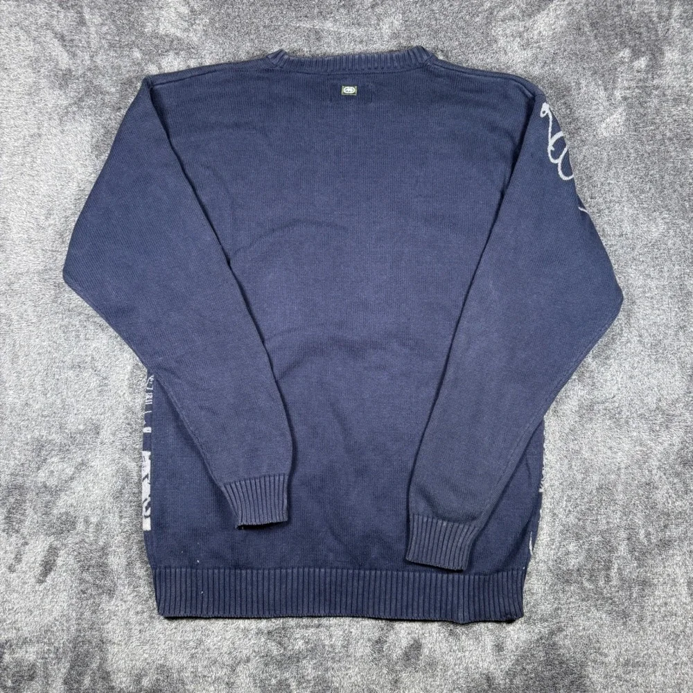 Ecko Unltd Mens 3XL Navy Blue Graphic Knit Sweater Rhinestone Hip Hop Y2K